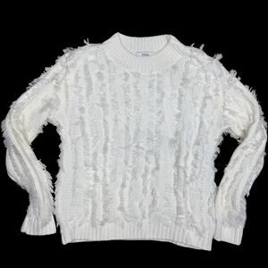Ro & De Anthropologie Eyelash Fringe White Cable Knit Fuzzy Sweater Small